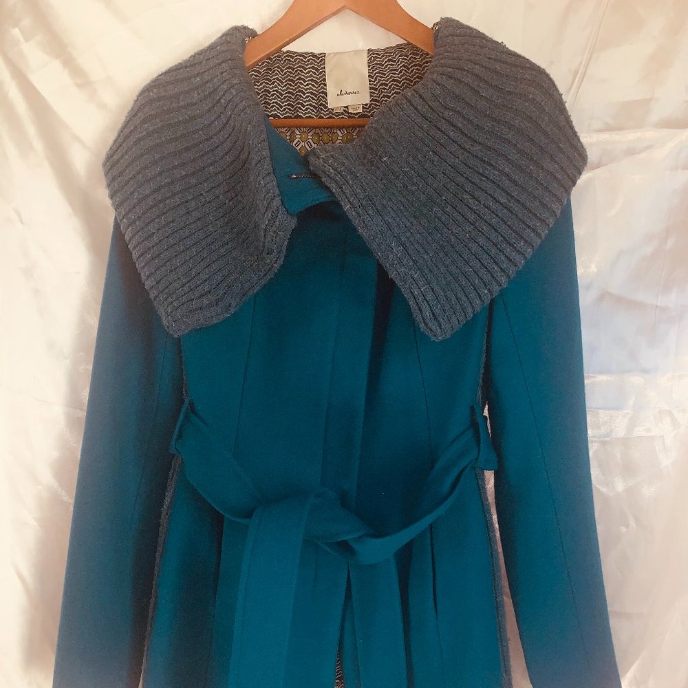 Anthropologie Elevenses Judith Blue Belted Wool Blend Coat